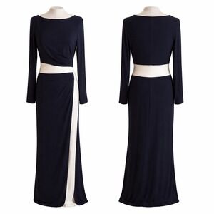 Lauren Ralph Lauren Dark Navy Cream Colorblock Maxi Gown 8 Long Sleeve Elegant